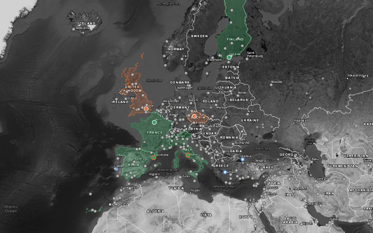 A world map where visited countries are coloured green and virtual holidays orange
